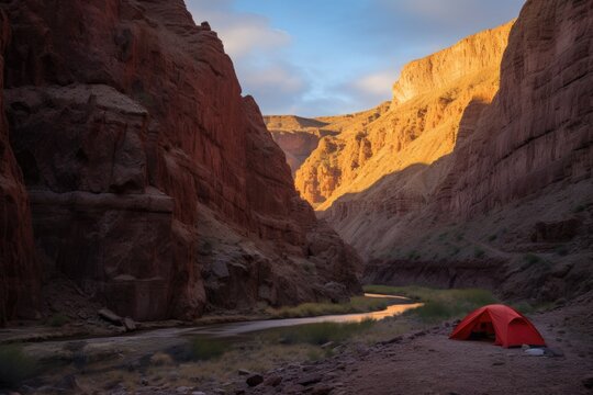a canyon lit by the setting sun, with a tent pitched nearby