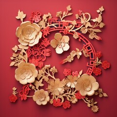 A vibrant Chinese New Year greeting card adorned with intricate golden patterns