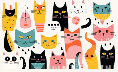 Whimsical Minimalism: Playful Cat Elements in a Vibrant Animated Drawing on Light Background