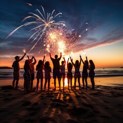 A festive image of people gathered on a beach with sparklers - obrazy, fototapety, plakaty