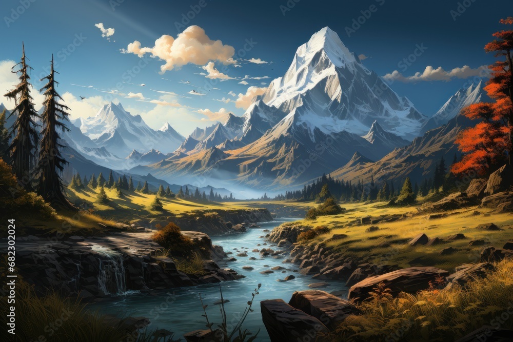 Poster a painting of a mountain scene with a river running through the center of the picture and trees on t