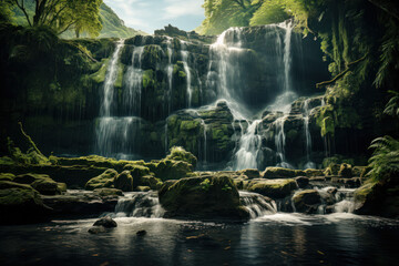 A cascading waterfall surrounded by moss-covered rocks, illustrating the perpetual movement and vitality of freshwater ecosystems. Concept of water flow and life force. Generative Ai.