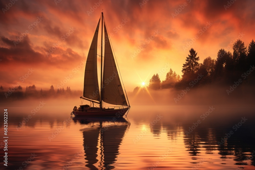 Poster a sailboat floating on top of a body of water under a cloudy sky with the sun shining through the cl