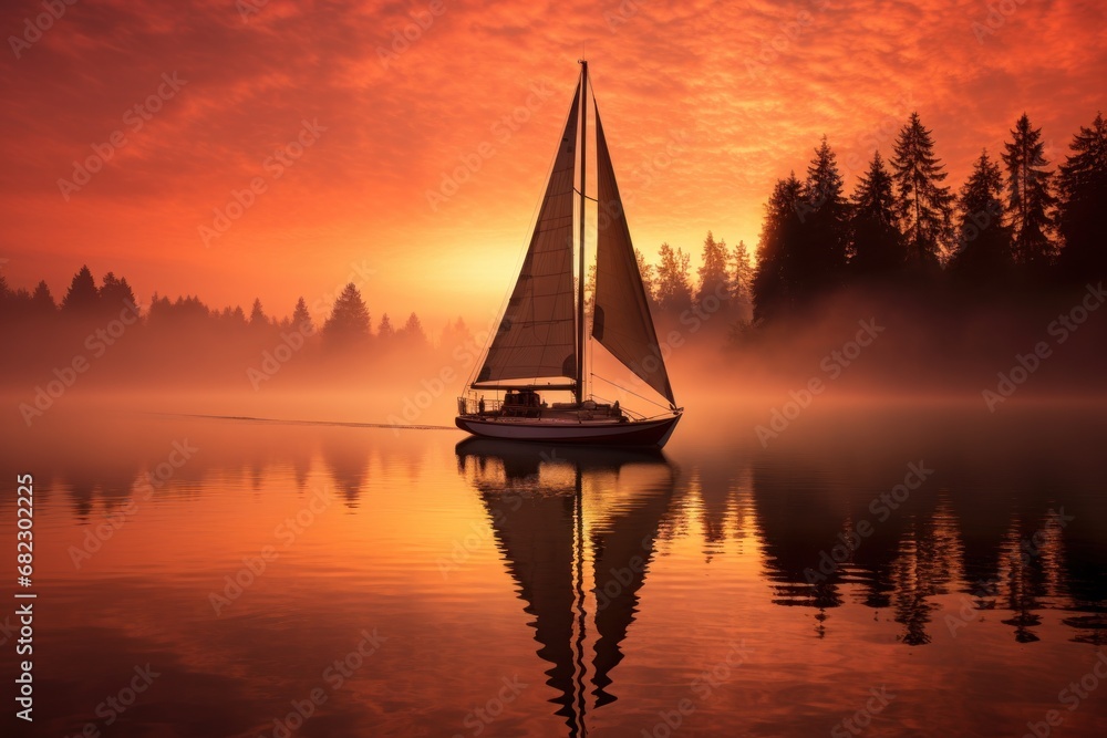 Poster a sailboat on a lake with a red sky in the background and trees in the foreground, with the sun shin