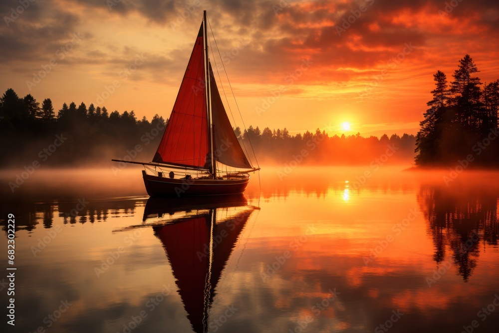 Poster a red sailboat floating on top of a body of water under a cloudy sky with the sun setting in the dis