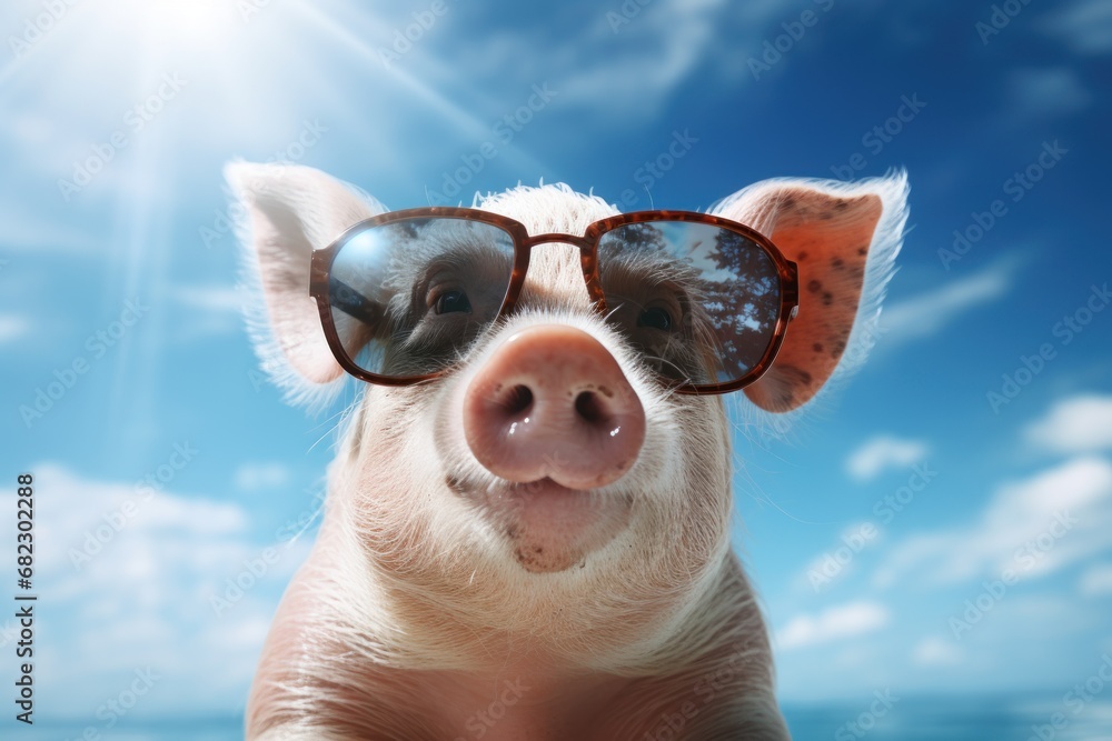 Poster a close up of a pig with sunglasses on it's face and a blue sky with clouds in the background and a 