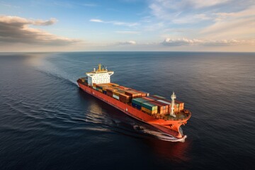 Fototapeta premium aerial view of a cargo ship sailing in the open sea