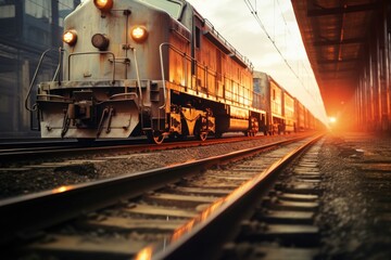 Fototapeta na wymiar double exposure of a cargo train and a close-up of steel train tracks