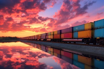 Obraz premium long cargo train transporting multicolored containers during sunset