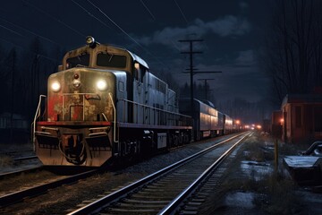 Obraz premium cargo train at night, illuminated by station lights