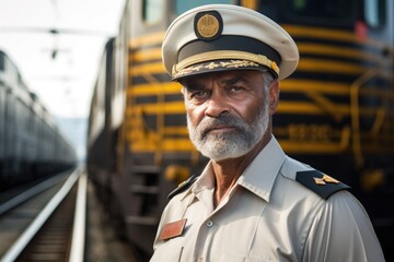 close-up of a cargo train conductor in uniform with train in background - obrazy, fototapety, plakaty