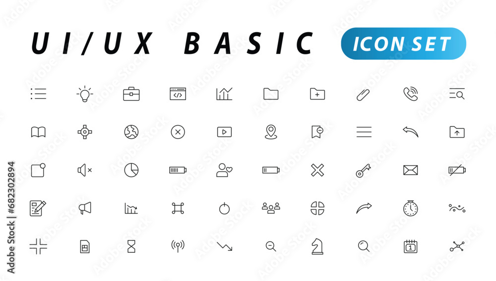 Aufkleber basic user interface essential set. ui/ux line outline icons. for app, web, print. editable stroke.