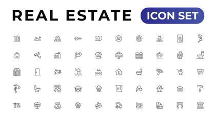 Real Estate minimal thin line web icon set. Included the icons as realty, property, mortgage, home loan and more. Outline icons collection.
