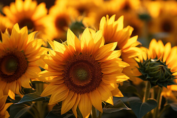 A field of sunflowers turning their faces toward the sun, symbolizing resilience and the pursuit of light. Concept of sunflower fields and natural optimism. Generative Ai.