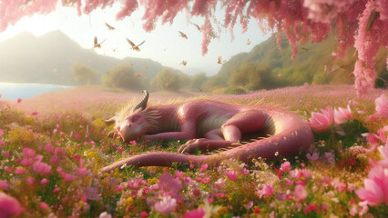 AI generated Illustration: Pink Dragon in a Spring Wonderland
