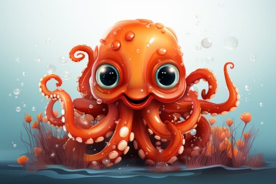  an orange octopus sitting on top of a body of water next to a bunch of seaweed with bubbles on it's sides and a light blue sky background.