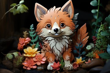  a close up of a figurine of a fox in a field of flowers and plants with rocks in the foreground and a wooden fence in the background.