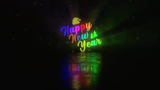 Happy New year glow colorful neon text effect with christmas ball animation cinematic title on black abstract background.Ending cover for end scence trailer winter snow, Christmas and New year event 