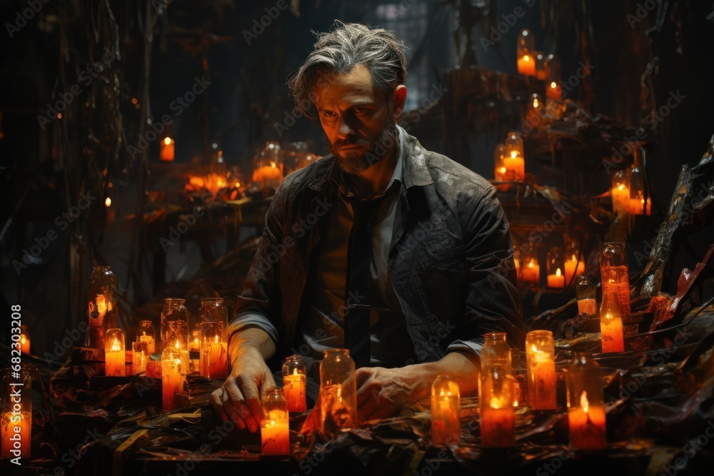 Poster a man sitting in front of a table full of lit candles in a dark room with a man in the middle of the