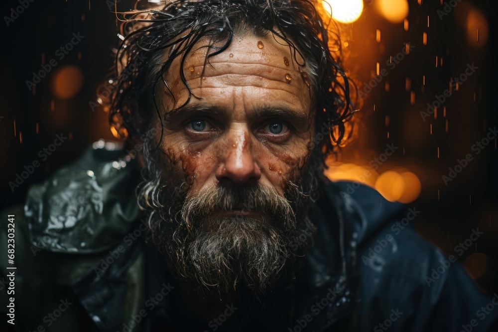 Aufkleber a man with wet hair and a beard stares into the camera while standing in front of a dark background 