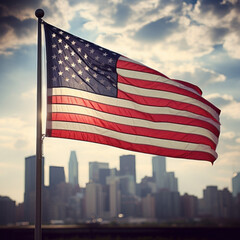 Naklejka premium A powerful image of the American flag waving in front of a modern city skyline
