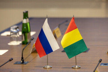 Flags of cooperation between Russia and Guinea. Flags of Guinea and Russia on the table. Negotiations between Guinea and Russia. Close-up. Great for news