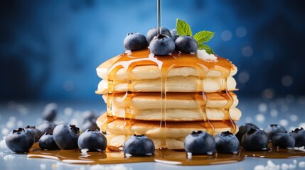 A stack pancakes topped with fresh blueberries and drizzled with syrup on background - obrazy, fototapety, plakaty