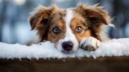 pet dog peeks out from under a cozy knit blanket, with a snowy landscape visible in the background