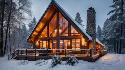 A rustic cabin with a smoking chimney sits in a snowy landscape,