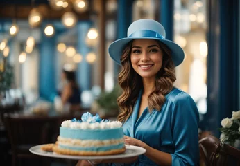 Charming beautiful white women wearing blue costume and hat, cake on tabletop, blurred background  © MochSjamsul