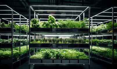 Vertical farming, growing plants in water under artificial lighting, indoors, Sustainable agriculture, food concept.
