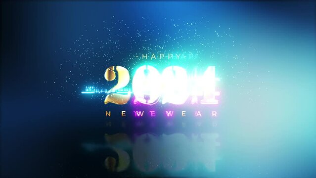 Happy New Year golden text with light motion glitch cyber punk effect animation cinematic title abstract backgrund.