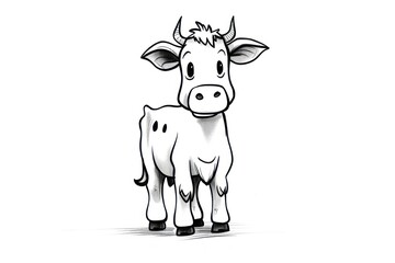  a black and white drawing of a cow standing in front of a white background with the head of a calf in the foreground and the head of the cow in the foreground.