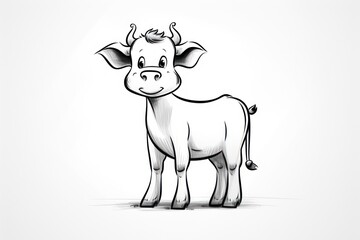  a black and white drawing of a cow standing on a white background with a black and white line drawing of a cow on the side of it's head.