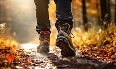Close-up of male legs, man walking in autumn forest, Go on a nature hike, relax and recharge concept - obrazy, fototapety, plakaty