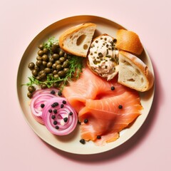 A plate of smoked salmon, cream cheese, and bagel with capers and red onion