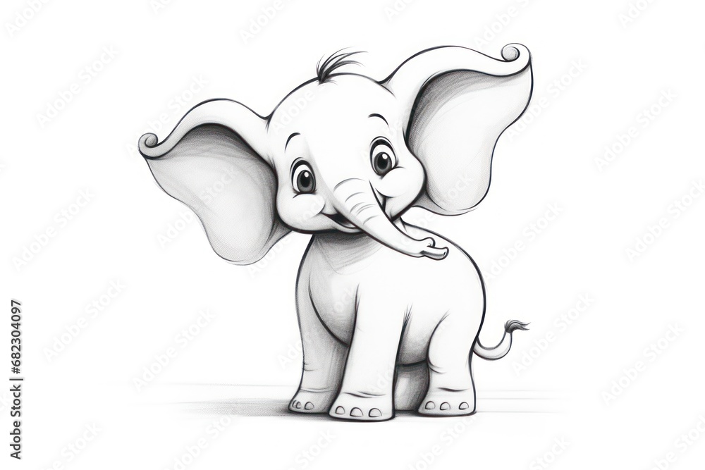 Poster a drawing of an elephant with a big smile on it's face and it's trunk up to the side of the elephant