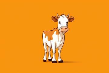  a brown and white cow standing in front of an orange background with a brown spot on it's head and a white spot on its face, with a brown spot on its nose.