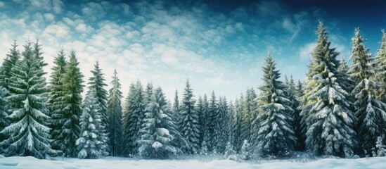In the heart of the winter, nestled within the serene forest, a majestic evergreen coniferous tree stood tall, its lush green foliage contrasting with the wintry blue sky, embodying the natural beauty