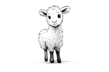  a black and white picture of a sheep with a sad look on it's face, standing in the middle of the frame, looking at the camera, with a white background.