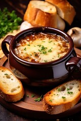 A rustic French onion soup with gooey melted cheese on top and a thick slice of bread for dipping