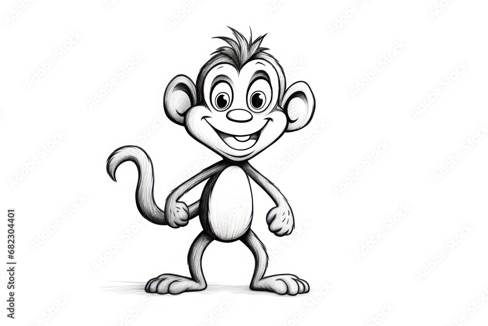 Poster  a black and white drawing of a monkey with a long tail and a smile on it's face, standing in front of a white background with a white backdrop.