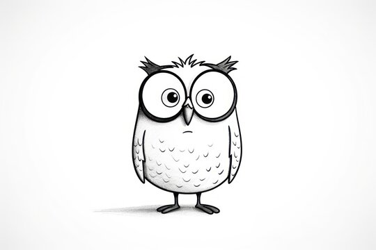  a black and white drawing of an owl with eyes wide open and one eye wide open, standing on one leg and looking to the side with one eye wide open.