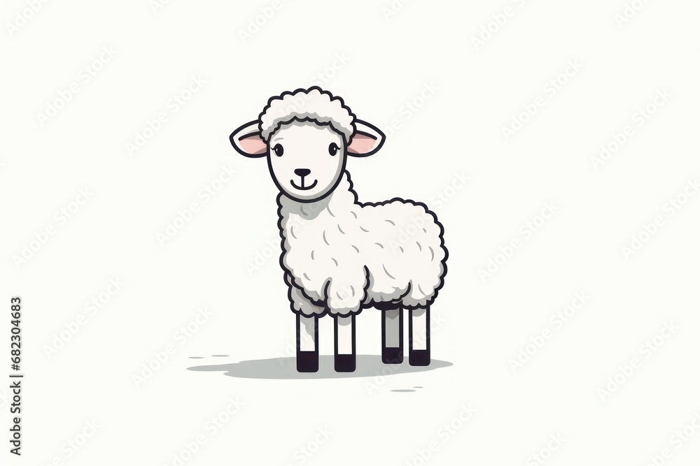 Poster a white sheep standing in the middle of a plain white background with a black stripe on the side of 