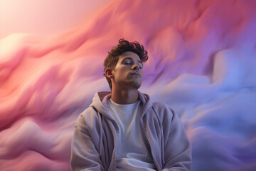 A candid shot of a person lost in thought, surrounded by pastel gradients that convey the subtleties of introspection. Concept of contemplation and inner reflection. Generative Ai.
