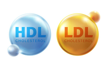 Crystal glass icon symbol HDL good cholesterol and LDL bad cholesterol. Indicates the density of fat in the arteries and high cholesterol levels can cause various diseases. illustration vector file. - obrazy, fototapety, plakaty