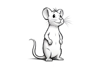  a black and white drawing of a mouse standing on its hind legs with its front paws on its hind legs, looking to the side, with its front paws on a white background.