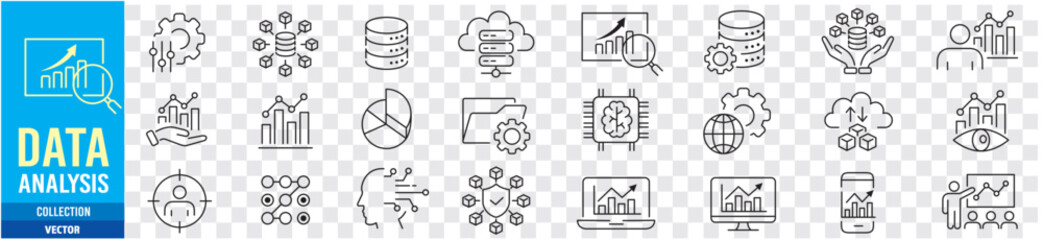 Data analysis, Analytics, Statistics, Big data, Database editable stroke line icons set collection illustration vector