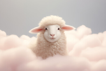 Little white sheep on fluffy clouds. Concept of soft luxury wool