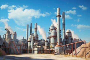 wide shot of cement factory with smoking chimneys against blue sky